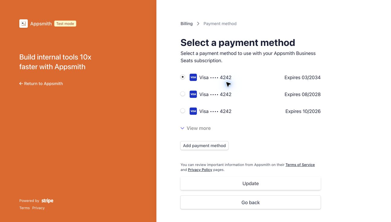 Select a payment method page with saved cards, Add payment method, and Update controls