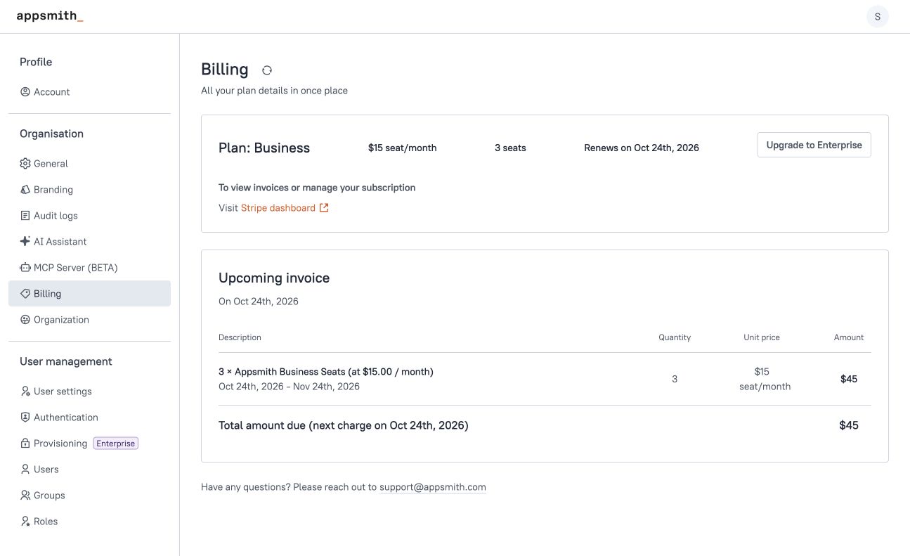 Billing page with the Visit Stripe dashboard link in the plan card