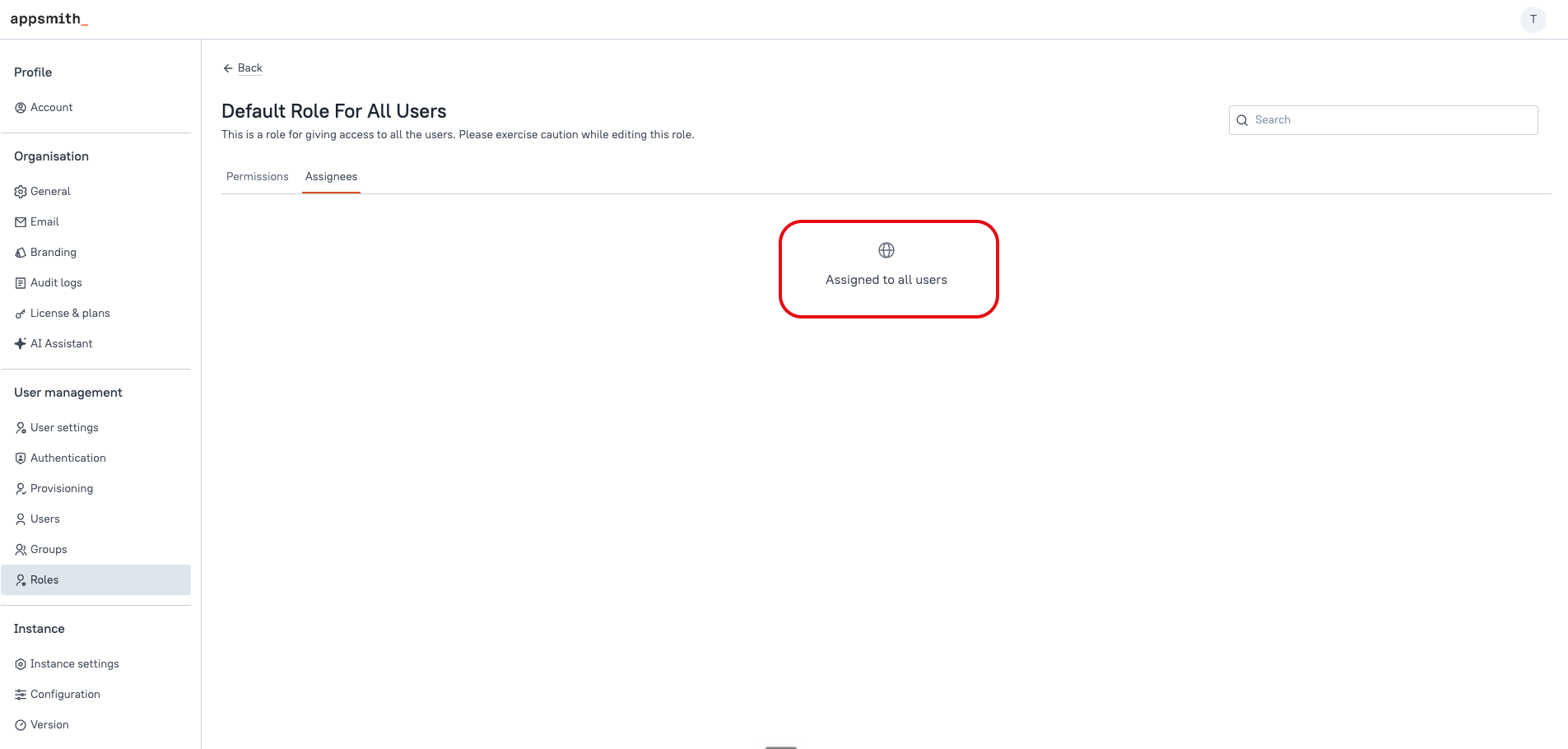 Assignees tab for Default Role For All Users showing Assigned to all users