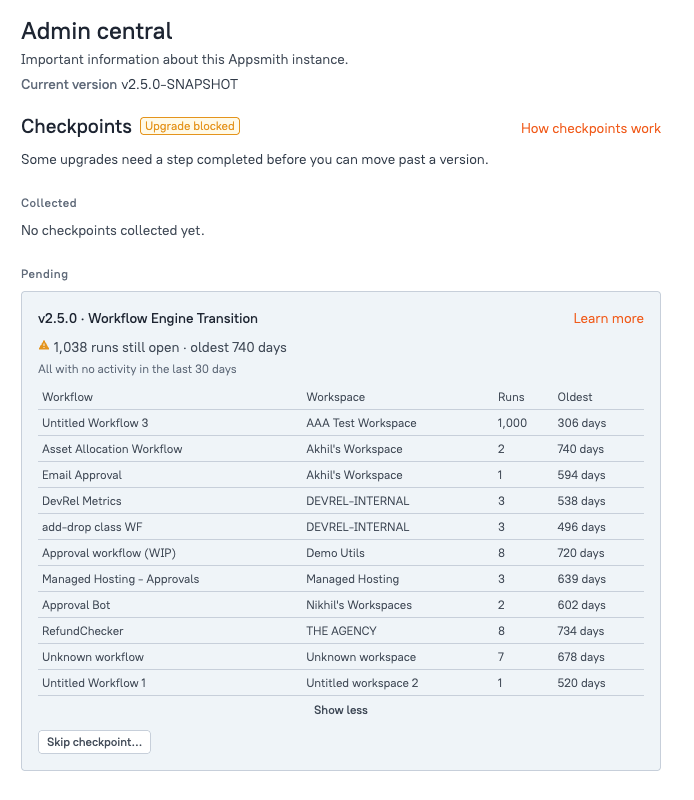 Admin central showing the v2.5.0 Workflow Engine Transition checkpoint with Temporal runs in progress and the upgrade blocked
