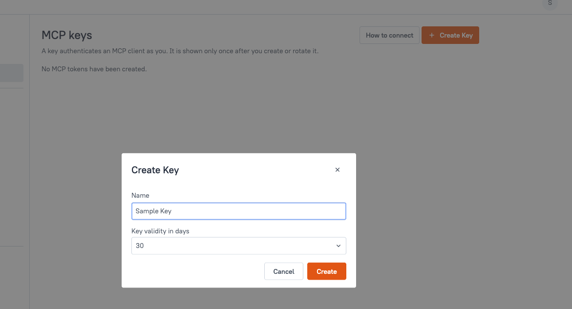 Create Key window with fields for the MCP key name and validity in days