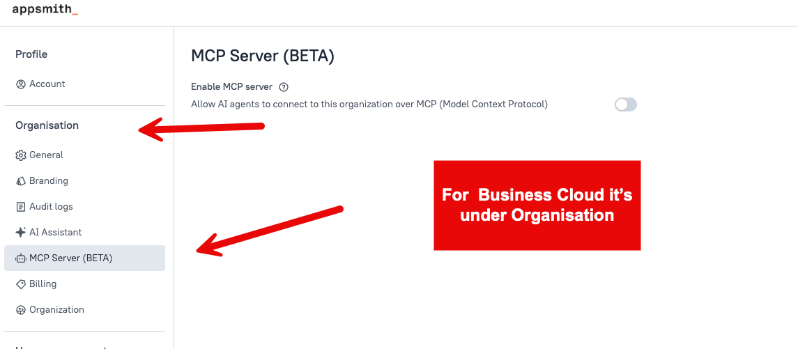 MCP Server beta setting under Organizations in Appsmith Cloud