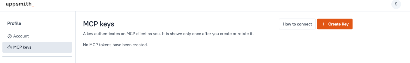 MCP keys page with How to connect and Create Key buttons