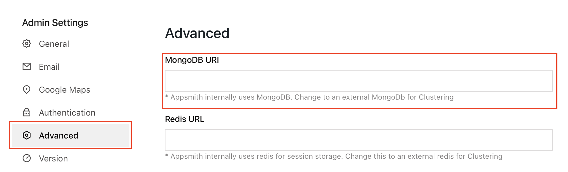 Setup an external MongoDB using Admin settings